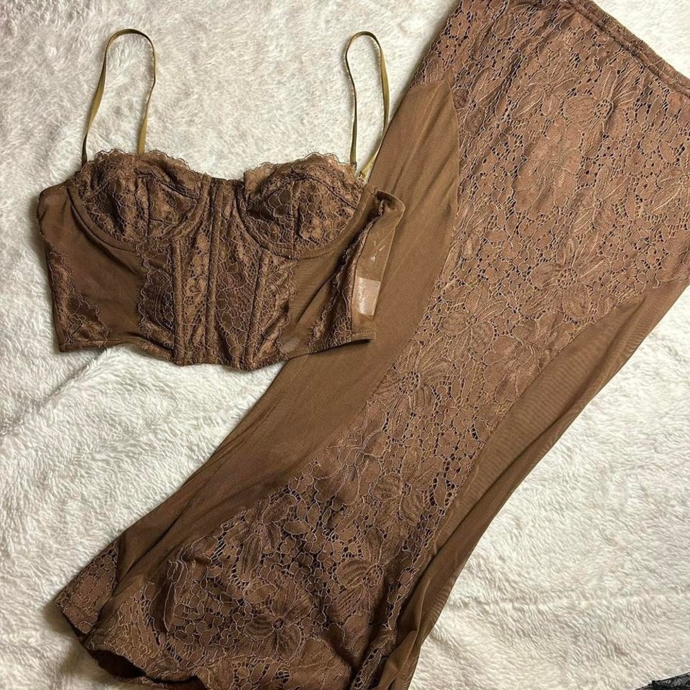 Brown lace lingerie bustier and midi skirt set size M